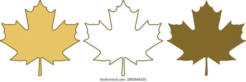 Gold maple leaves in solid outline and silhouette styles for seasonal autumn fall botanical graphic design elements.