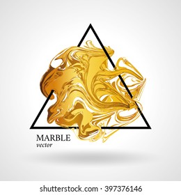 Gold marble abstract background. Geometry symbol for banner, folder flyer. Poster in frame triangle, golden splash. Brightly logotype, logo, sign, symbol.  Luxury premium exclusive print.