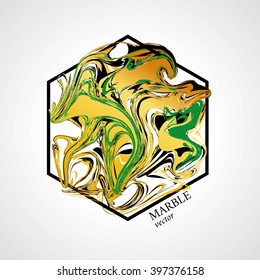 Gold marble abstract background. Geometry symbol for banner, folder flyer. Poster in frame hexagon, golden splash. Brightly logotype, logo, sign, symbol. Luxury premium exclusive print.