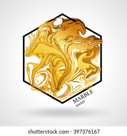 Gold marble abstract background. Geometry symbol for banner, folder flyer. Poster in frame hexagon, golden splash. Brightly logotype, logo, sign, symbol. Luxury premium exclusive print.