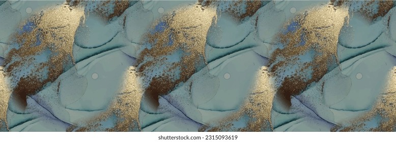 Gold Marble Background. Blue Vector Watercolor. Watercolor Marble. Golden Copper Glitter. Vector Ink Marble. Fluid Seamless Watercolor. Luxury Abstract Ink Painting. Foil Art Paint. Blue Alcohol Ink