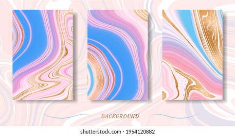 Gold marble design. A set of three images in beautiful pink and blue marble and bright gold.