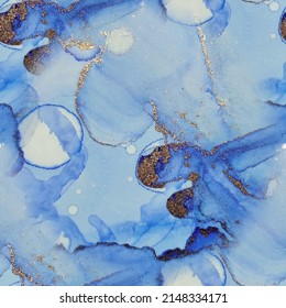 Gold Marble Seamless Pattern. Blue Ink Paint. Metal Vector Ink Watercolor. Modern Abstract Gold Pattern. Foil Marble Watercolor. Blue Water Color Canvas. Gold Alcohol Ink. Seamless Foil Ink Background