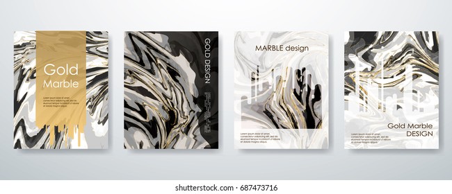 Gold marble template set, artistic covers design, colorful texture, realistic fluid backgrounds. Black, white Trendy pattern, graphic poster, watercolor geometric brochure, cards. Vector illustration.