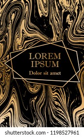 Gold marble texture and geometric frame on black background vector luxury design for invitation, poster, cover, vip business card. Black and gold foil marble pattern texture vip invitation card.