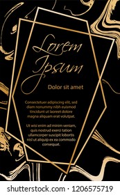 Gold marble texture and geometric frame on black background vector luxury design for invitation, poster, cover, vip business card. Black and gold foil marble pattern texture vip invitation card.