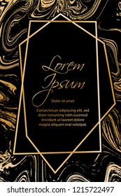 Gold marble texture and geometric frame on black background vector luxury design for invitation, poster, cover, vip business card. Black and gold foil marble pattern texture vip invitation card.