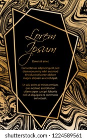 Gold marble texture and geometric frame on black background vector luxury design for invitation, poster, cover, vip business card. Black and gold foil marble pattern texture vip invitation card.