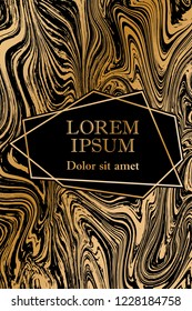 Gold marble texture and geometric frame on black background vector luxury design for invitation, poster, cover, vip business card. Black and gold foil marble pattern texture vip invitation card.