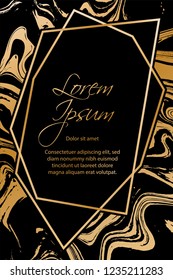 Gold marble texture and geometric frame on black background vector luxury design for invitation, poster, cover, vip business card. Black and gold foil marble pattern texture vip invitation card.