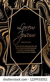 Gold marble texture and geometric frame on black background vector luxury design for invitation, poster, cover, vip business card. Black and gold foil marble pattern texture vip invitation card.