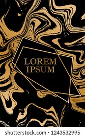 Gold marble texture and geometric frame on black background vector luxury design for invitation, poster, cover, vip business card. Black and gold foil marble pattern texture vip invitation card.