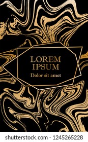 Gold marble texture and geometric frame on black background vector luxury design for invitation, poster, cover, vip business card. Black and gold foil marble pattern texture vip invitation card.