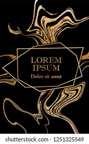 Gold marble texture and geometric frame on black background vector luxury design for invitation, poster, cover, vip business card. Black and gold foil marble pattern texture vip invitation card.
