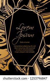 Gold marble texture and geometric frame on black background vector luxury design for invitation, poster, cover, vip business card. Black and gold foil marble pattern texture vip invitation card.
