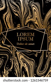 Gold marble texture and geometric frame on black background vector luxury design for invitation, poster, cover, vip business card. Black and gold foil marble pattern texture vip invitation card.