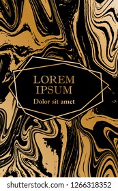 Gold marble texture and geometric frame on black background vector luxury design for invitation, poster, cover, vip business card. Black and gold foil marble pattern texture vip invitation card.