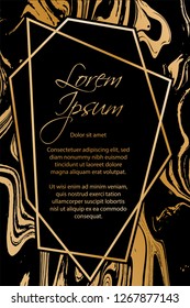 Gold marble texture and geometric frame on black background vector luxury design for invitation, poster, cover, vip business card. Black and gold foil marble pattern texture vip invitation card.