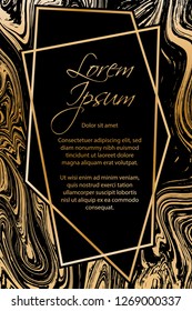 Gold marble texture and geometric frame on black background vector luxury design for invitation, poster, cover, vip business card. Black and gold foil marble pattern texture vip invitation card.