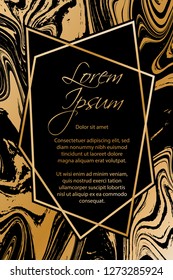 Gold marble texture and geometric frame on black background vector luxury design for invitation, poster, cover, vip business card. Black and gold foil marble pattern texture vip invitation card.