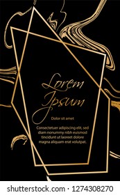 Gold marble texture and geometric frame on black background vector luxury design for invitation, poster, cover, vip business card. Black and gold foil marble pattern texture vip invitation card.