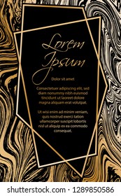 Gold marble texture and geometric frame on black background vector luxury design for invitation, poster, cover, vip business card. Black and gold foil marble pattern texture vip invitation card.