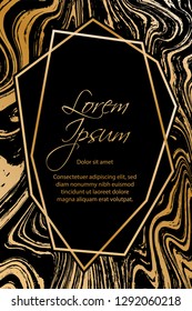Gold marble texture and geometric frame on black background vector luxury design for invitation, poster, cover, vip business card. Black and gold foil marble pattern texture vip invitation card.