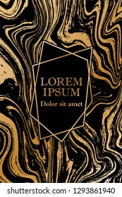 Gold marble texture and geometric frame on black background vector luxury design for invitation, poster, cover, vip business card. Black and gold foil marble pattern texture vip invitation card.