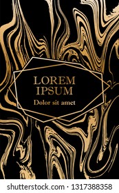 Gold marble texture and geometric frame on black background vector luxury design for invitation, poster, cover, vip business card. Black and gold foil marble pattern texture vip invitation card.