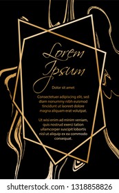 Gold marble texture and geometric frame on black background vector luxury design for invitation, poster, cover, vip business card. Black and gold foil marble pattern texture vip invitation card.