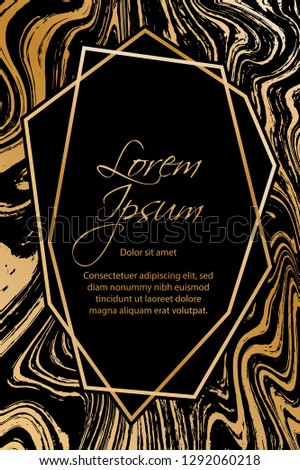 Gold marble texture and geometric frame on black background vector luxury design for invitation, poster, cover, vip business card. Black and gold foil marble pattern texture vip invitation card.