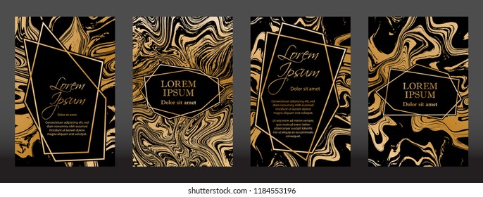 Gold marble texture and geometric frames on black backgrounds vector set. Luxury design for brochure, banner, vip invitation, cover, business card. Gold foil black marble pattern texture and frames.