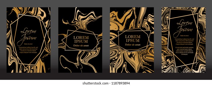 Gold marble texture and geometric frames on black backgrounds vector set. Luxury design for brochure, banner, vip invitation, cover, business card. Gold foil black marble pattern texture and frames.