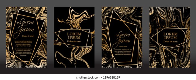 Gold marble texture and geometric frames on black backgrounds vector set. Luxury design for brochure, banner, vip invitation, cover, business card. Gold foil black marble pattern texture and frames.