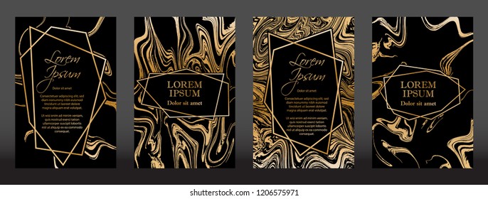 Gold marble texture and geometric frames on black backgrounds vector set. Luxury design for brochure, banner, vip invitation, cover, business card. Gold foil black marble pattern texture and frames.