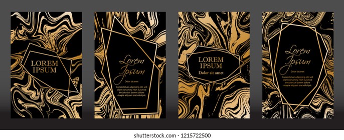 Gold marble texture and geometric frames on black backgrounds vector set. Luxury design for brochure, banner, vip invitation, cover, business card. Gold foil black marble pattern texture and frames.