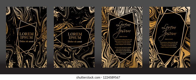 Gold marble texture and geometric frames on black backgrounds vector set. Luxury design for brochure, banner, vip invitation, cover, business card. Gold foil black marble pattern texture and frames.