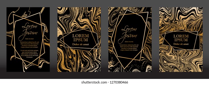 Gold marble texture and geometric frames on black backgrounds vector set. Luxury design for brochure, banner, vip invitation, cover, business card. Gold foil black marble pattern texture and frames.