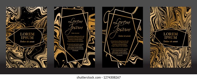 Gold marble texture and geometric frames on black backgrounds vector set. Luxury design for brochure, banner, vip invitation, cover, business card. Gold foil black marble pattern texture and frames.