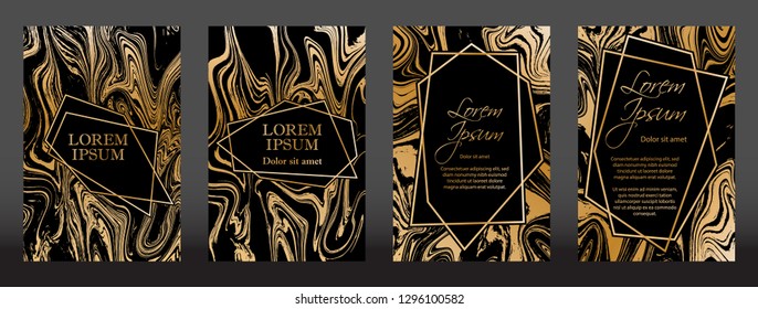 Gold marble texture and geometric frames on black backgrounds vector set. Luxury design for brochure, banner, vip invitation, cover, business card. Gold foil black marble pattern texture and frames.