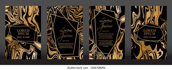 Gold marble texture and geometric frames on black backgrounds vector set. Luxury design for brochure, banner, vip invitation, cover, business card. Gold foil black marble pattern texture and frames.