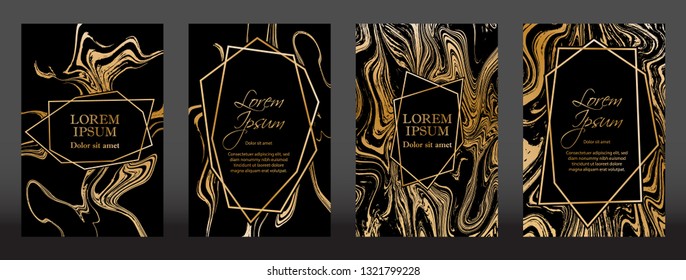 Gold marble texture and geometric frames on black backgrounds vector set. Luxury design for brochure, banner, vip invitation, cover, business card. Gold foil black marble pattern texture and frames.