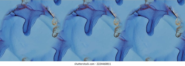 Gold Marble Watercolor. White Metal Pattern. Vector Ink Marble. Luxury Seamless Ink Template. Blue Abstract Background. Alcohol Ink Marble. Fluid Seamless Background. Foil Art Paint. Blue Watercolor