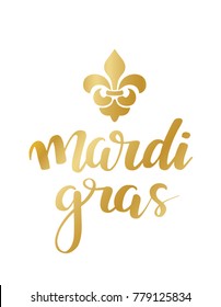 Gold Mardi Gras Lettering Phrase. Vector Holiday Banner with Royal Lily Element and florishes designs.