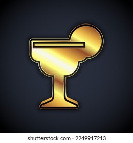 Gold Margarita cocktail glass with lime icon isolated on black background.  Vector