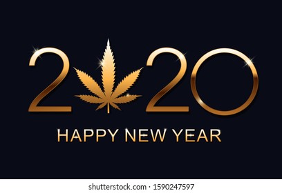 Gold Marijuana leaf and 2020 year on blue background. Vector illustration Christmas and Happy New Year.