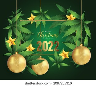 Hoja de Marihuana de Oro y 2020 años. Feliz Año Nuevo, Feliz Navidad y elegante diseño de texto para tarjeta de felicitación. Ilustración vectorial.