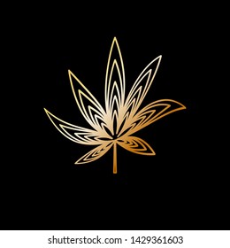 Gold marijuana leaf logo that isolated black background