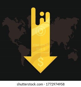 Gold Market Price Crisis Concept. Design By Golden Bar And Falling Down Arrow With US Dallar Sign. Decline In Gold Commodity Value During World Economic Growth. Flat Vector Illustration