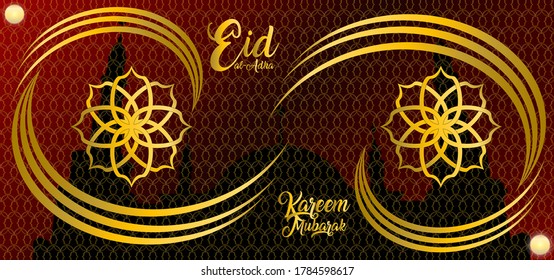 Abstrakter goldener Maroon-Musterhintergrund und Karte Eid Al Adha-Moschee